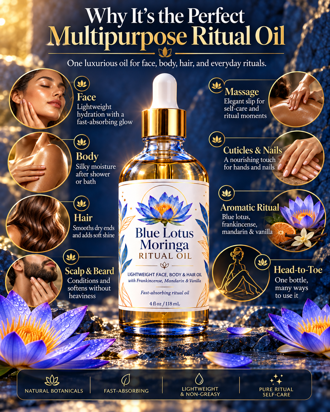 SkinMend™ Blue Lotus Moringa Ritual Oil - Face, Body & Hair Oil with Frankincense, Mandarin & Vanilla