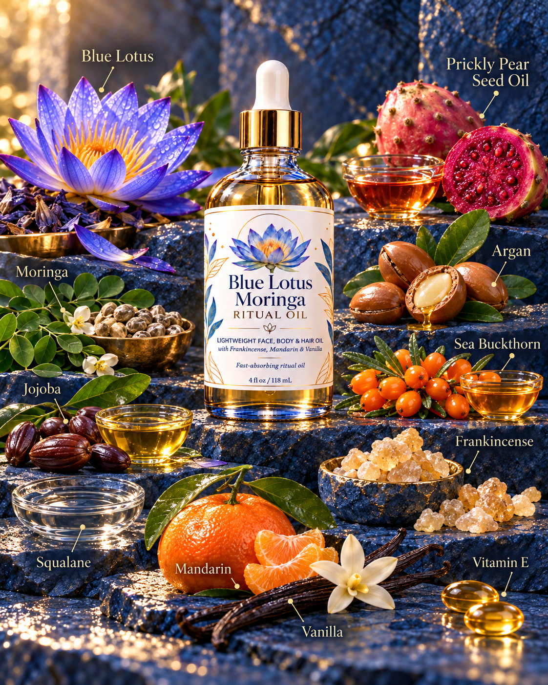 SkinMend™ Blue Lotus Moringa Ritual Oil - Face, Body & Hair Oil with Frankincense, Mandarin & Vanilla