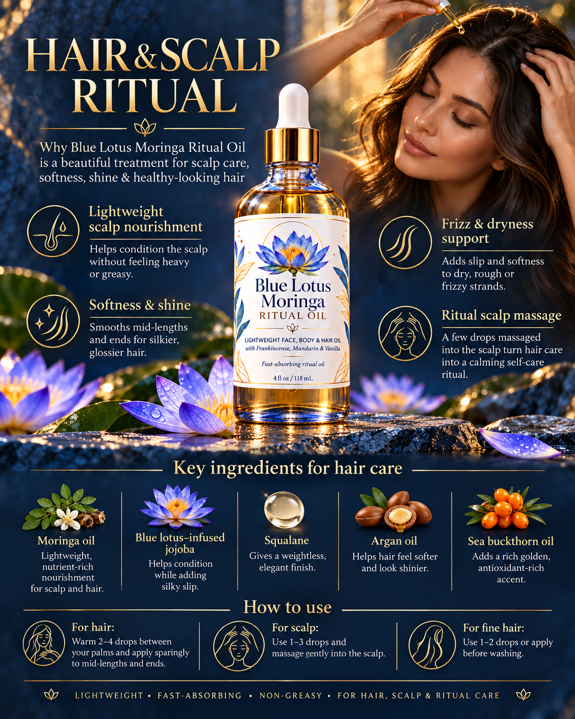 SkinMend™ Blue Lotus Moringa Ritual Oil - Face, Body & Hair Oil with Frankincense, Mandarin & Vanilla