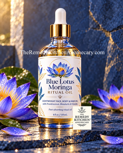 Ritual Oil Blue Lotus Moringa Daily Hair Face Body Oil from TheRemedyKitchenApothecary.com Tampa Florida