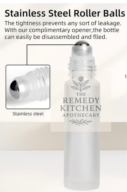 Roll-on bottle with stainless steel roller balls and 'The Remedy Kitchen Apothecary' branding.
