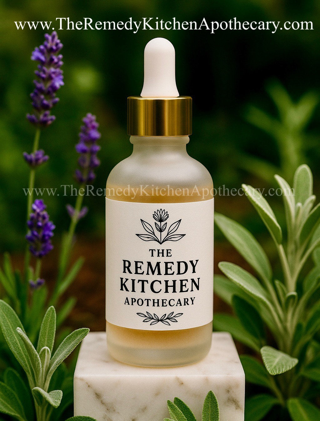 Bottle of 'The Remedy Kitchen Apothecary' on a marble surface with lavender plants in the background.
